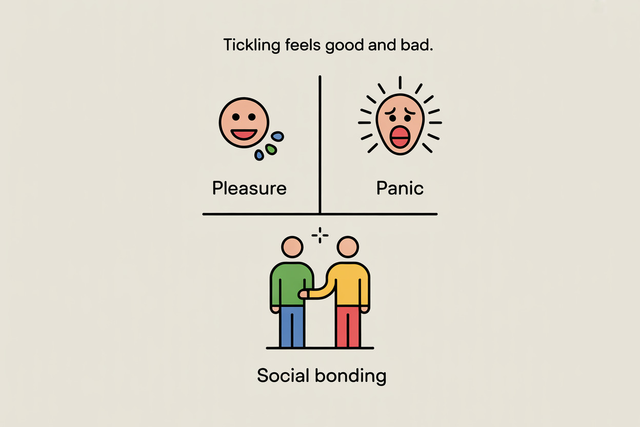 Minimal infographic prompt: Create a simple infographic with the words: Tickling Feels Good and Bad. Top left: Pleasure. Top right: Panic. Bottom center: Social Bonding. No numbers. Minimal icons. Clean background. Less than 15 words.