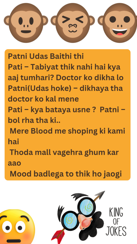 A joke about a Husband asking his wife about her illness written on an orange background with Gandhi's monkeys.