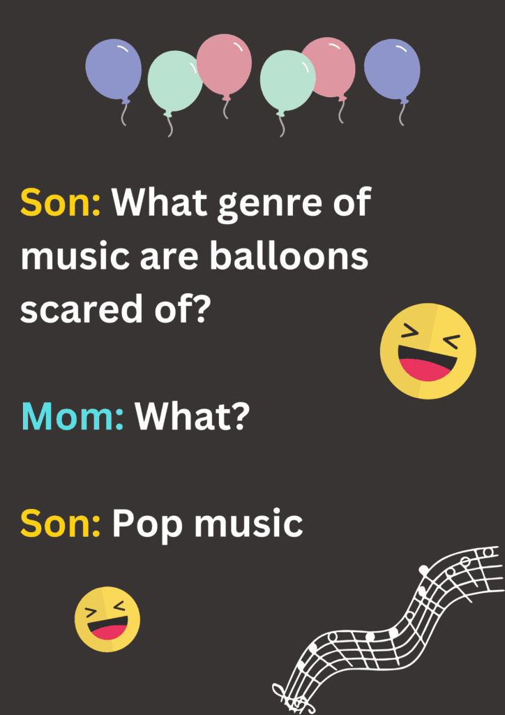 A joke between son and mom about balloons and their favorite music on grey background. The image has text, balloons and laughing face emoticons. 