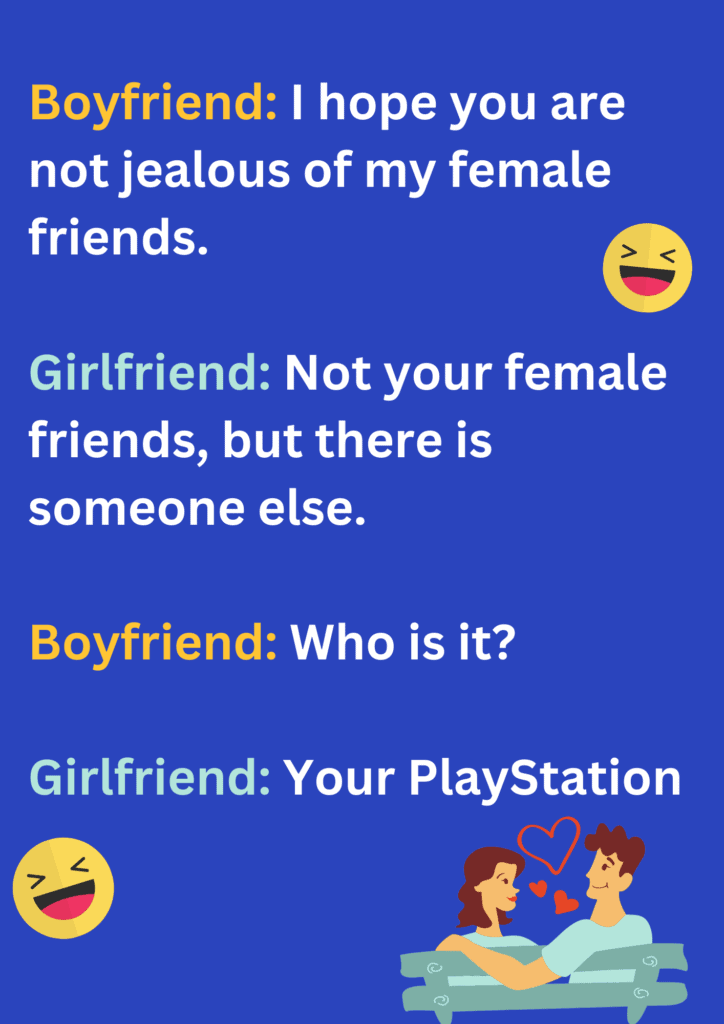 A funny joke between boyfriend and girlfriend about jealousy on purple background. The image has text and emoticons. 