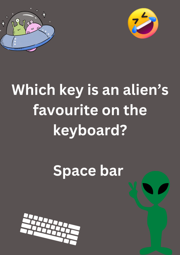 Joke is about alien's favourite key on the keyboard on a grey background. The image has texts and emoticons. 