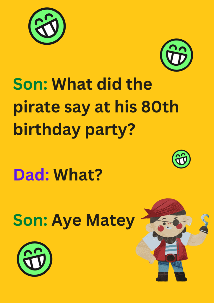 A funny joke about a pirate's 80th birthday party on a yellow background. The image consists of text and laughing emoticons. 