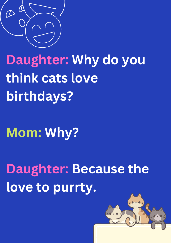 A joke between mom and daughter about cats and birthdays on a purple background. The image has text and cat emoticons. 