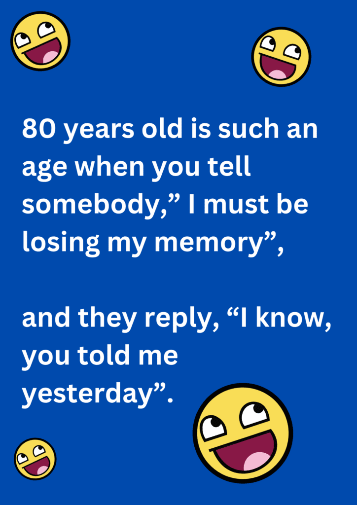 This is a joke about 80 year old and their memory loss on blue background. The image consists of text and laughing emoticons. 