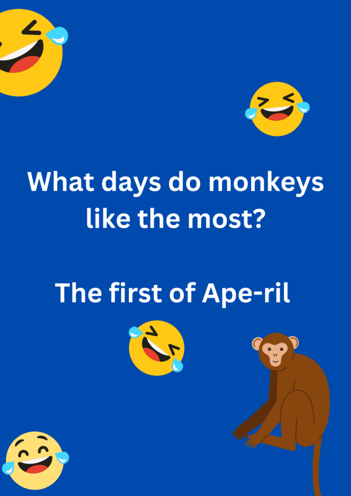 This hilarious joke is about monkeys and their favorite days on a blue background. The image consists of text, monkey and laughing emoticons. 