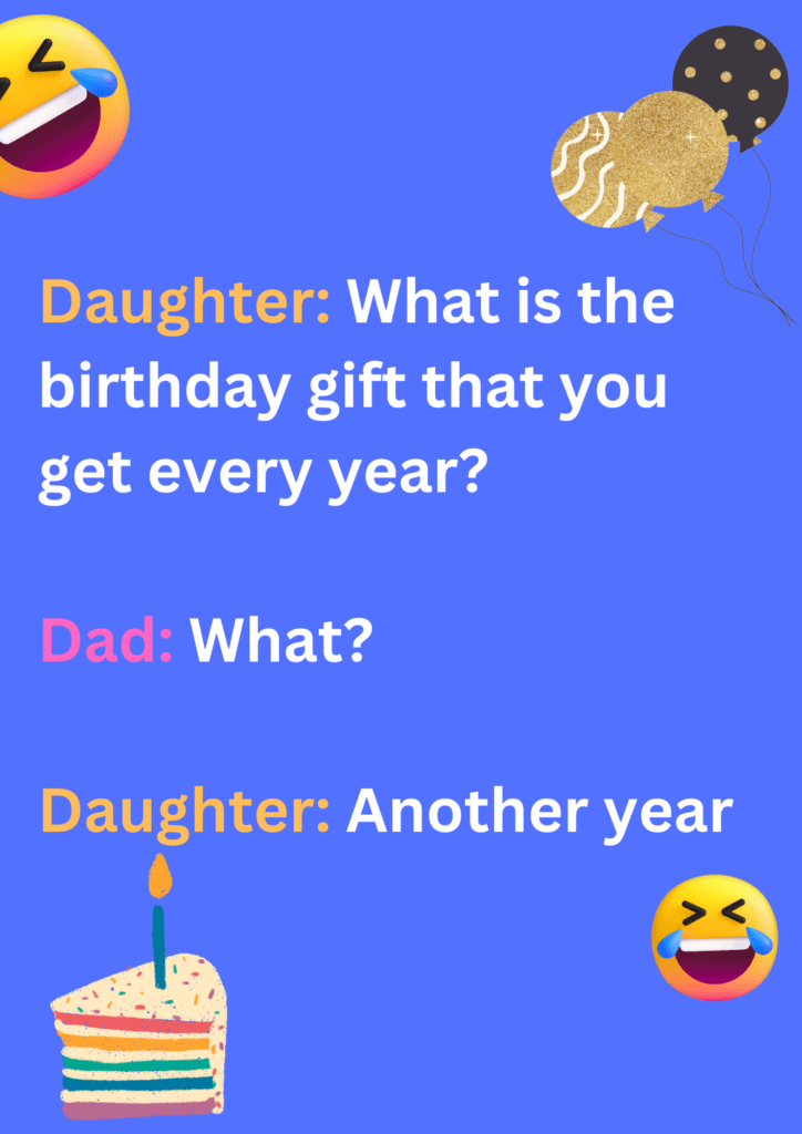 This is a joke between daughter and dad about birthday gifts you get every year on a purple background. The image has text and laughing emoticons. 