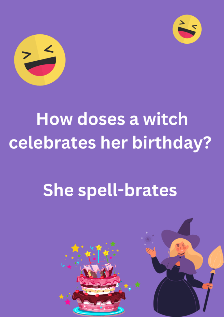 A funny joke about witches and birthdays on purple background. The image has text, cats and laughing face emoticons. 