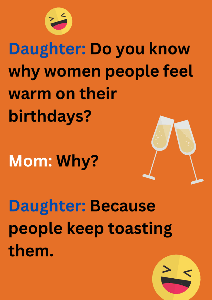 Joke between daughter and mom about birthday toasts on an orange background. The image has text,  champagne glass and laughing face emoticon