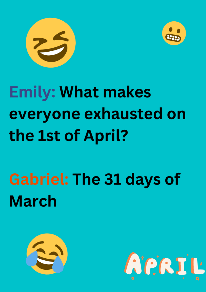Joke between Emily and Gabriel about exhausting 31 days of March on a blue background. The image has laughing emoticons.