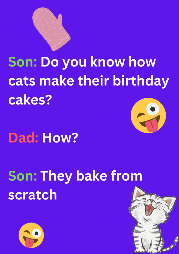 This joke is between a son and dad about cats and their birthday cakes. The image has texts, cats and laughing face emoticons. 