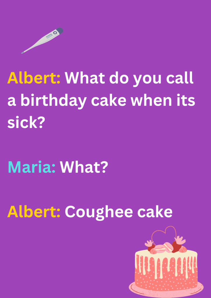 Joke between Albert and Maria about sick birthday cake on a purple background. The image has text and emoticons. 