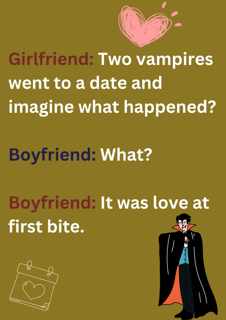 A joke about two vampires and their first date on a green background. The image has text and emoticons. 