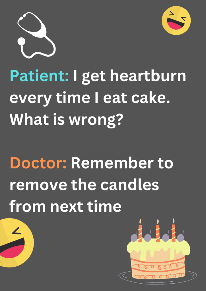 A funny joke between a doctor and his patient, suffering from heartburn after eating cake. The image has text, cake and laughing face emoticons. 