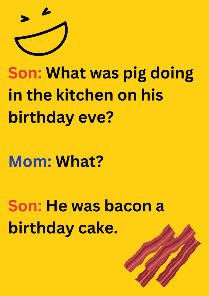 A funny joke between son and mom about pig and his birthday on a yellow background. The image has text and emoticons. 