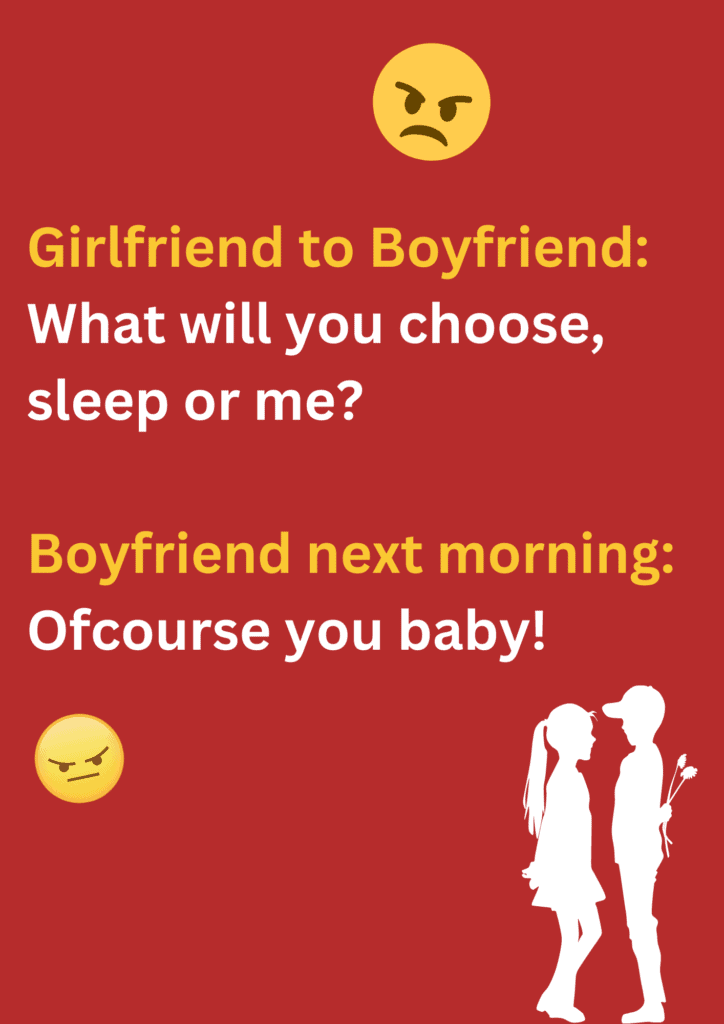 A funny joke about  a busy boyfriend on a red background. The image has text and emoticons. 