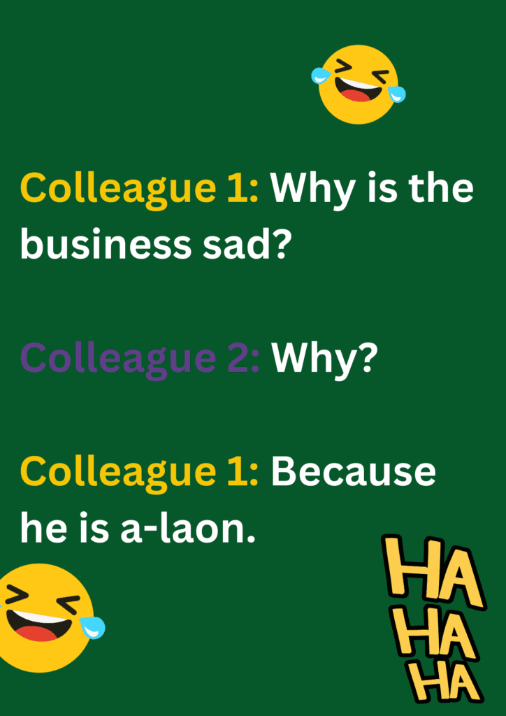 The joke is between two colleagues about their sad business, on a green background. The image has texts and emoticons. 