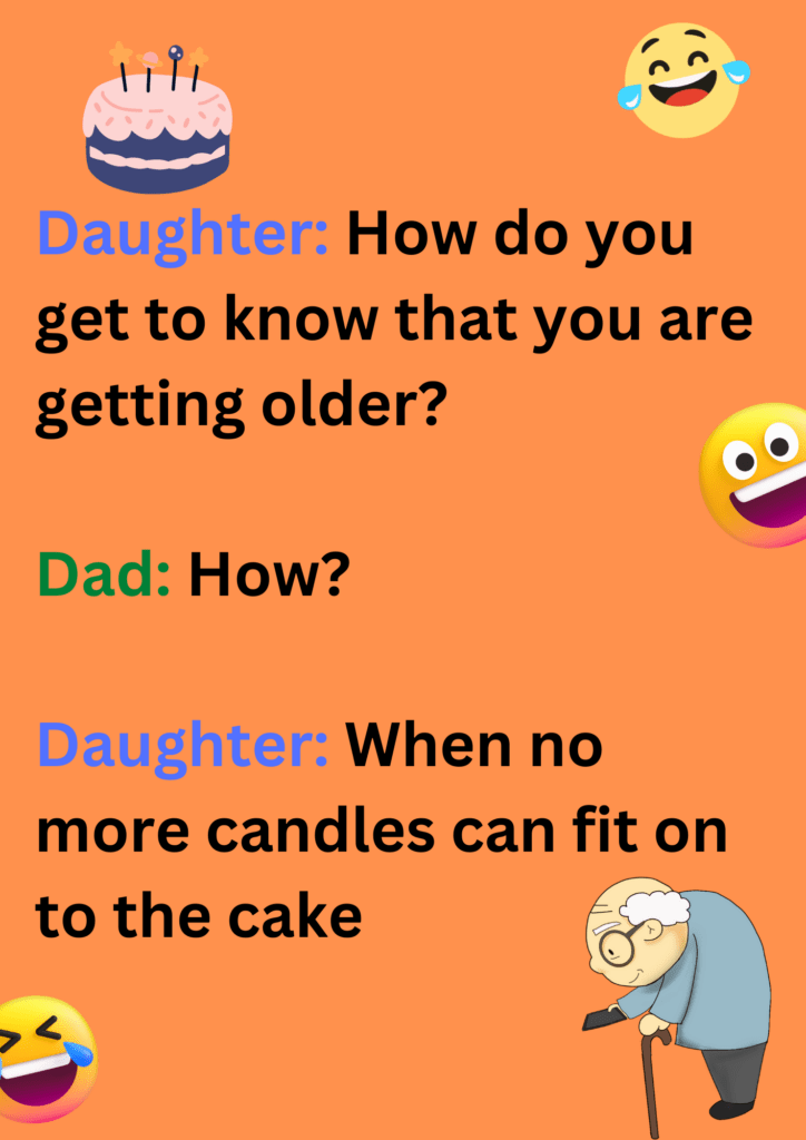 A funny joke between daughter and dad about birthdays. The image has text, birthday cake and laughing face emoticons. 