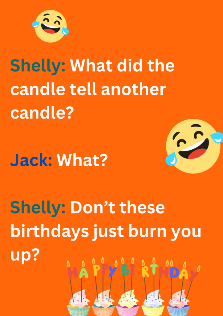 This is joke about between Shelly and Jack on birthday candles on orange text. The image consists of text and laughing emoticons. 