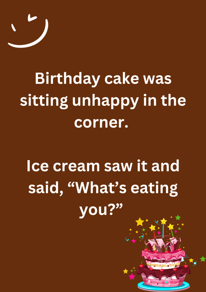 This is a funny joke between cakes and ice cream on a brown background. The image consists of text and cake emoticon. 