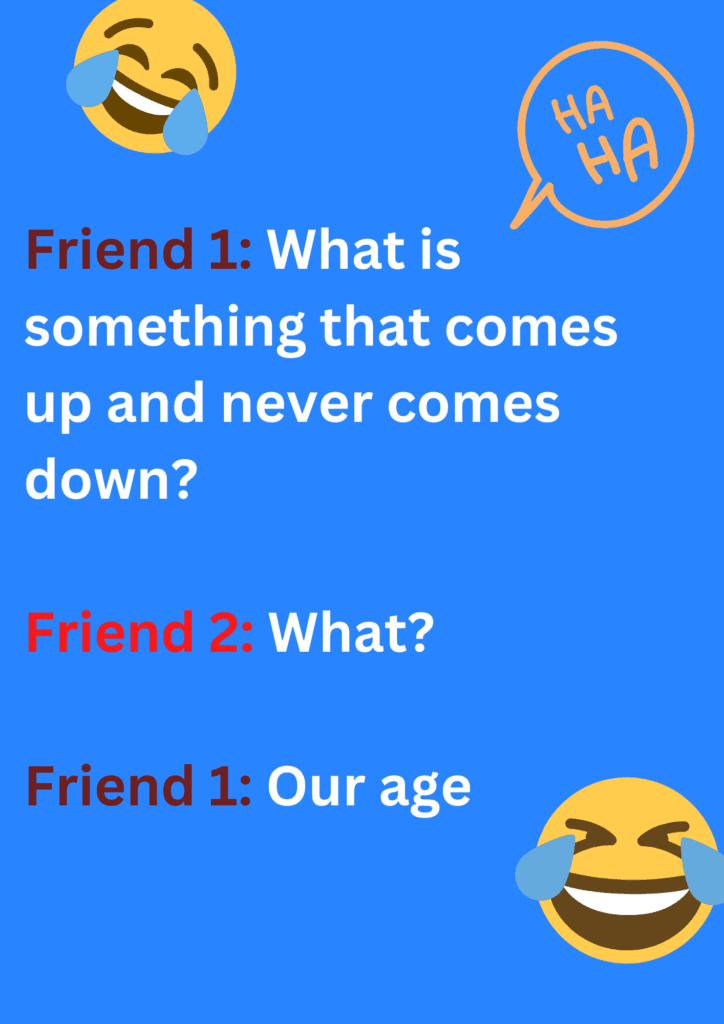 This is a funny joke between two friends about age on a blue background. The image consists of text and laughing face emoticons.  
