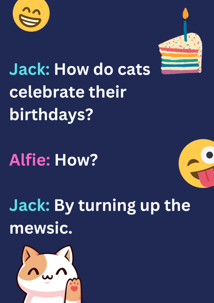 This is a funny joke between two friends Jack and Alfie about cat's birthday on a deep blue background. The image consists of text and laughing face emoticons. 