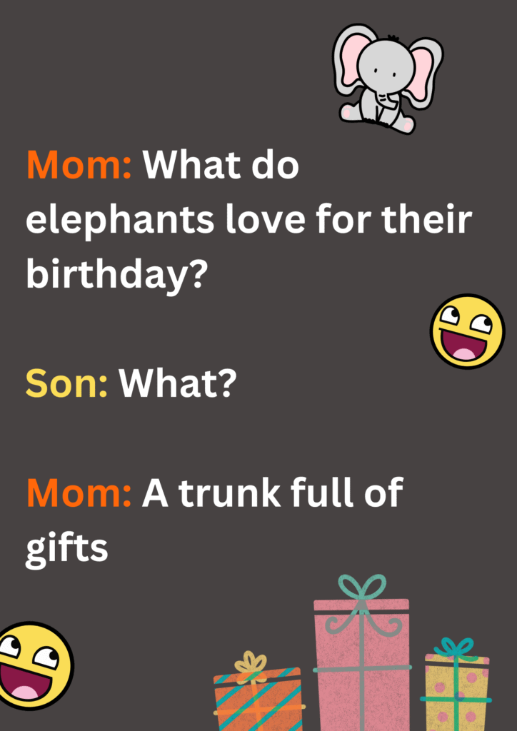 This is a joke about elephants and their favourite gifts on a gray background. The image consists of text, elephant and laughing face emoticons. 