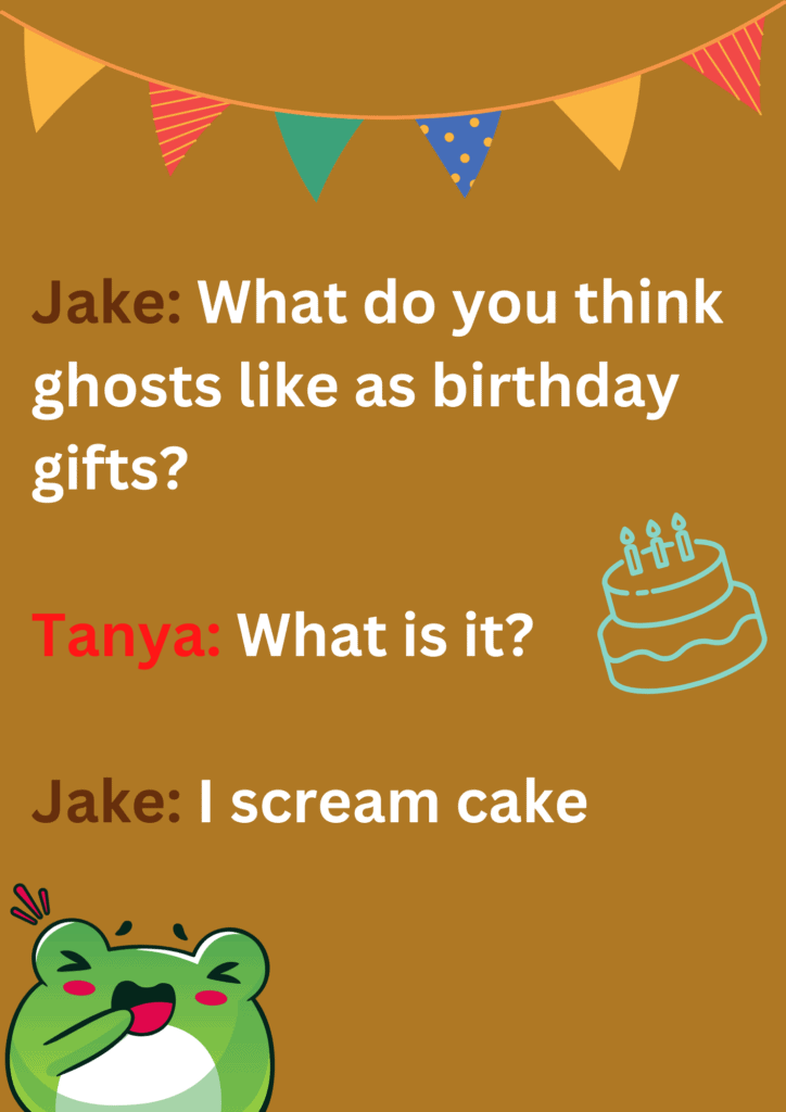 This is joke between Jake and Tanya about ghosts and their birthday gifts on yellow background. The image consists of few emoticons. 