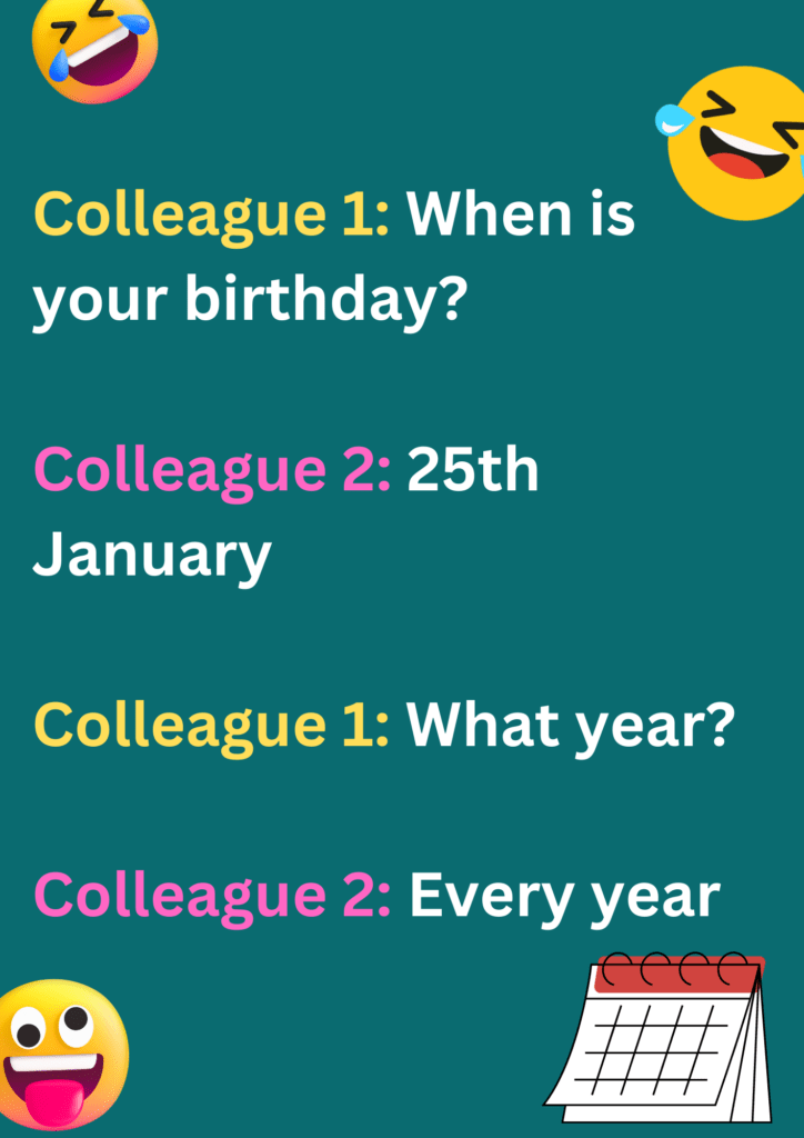 This joke is between two colleagues about birthdates on green background. The image consists of text and laughing face emoticons. 