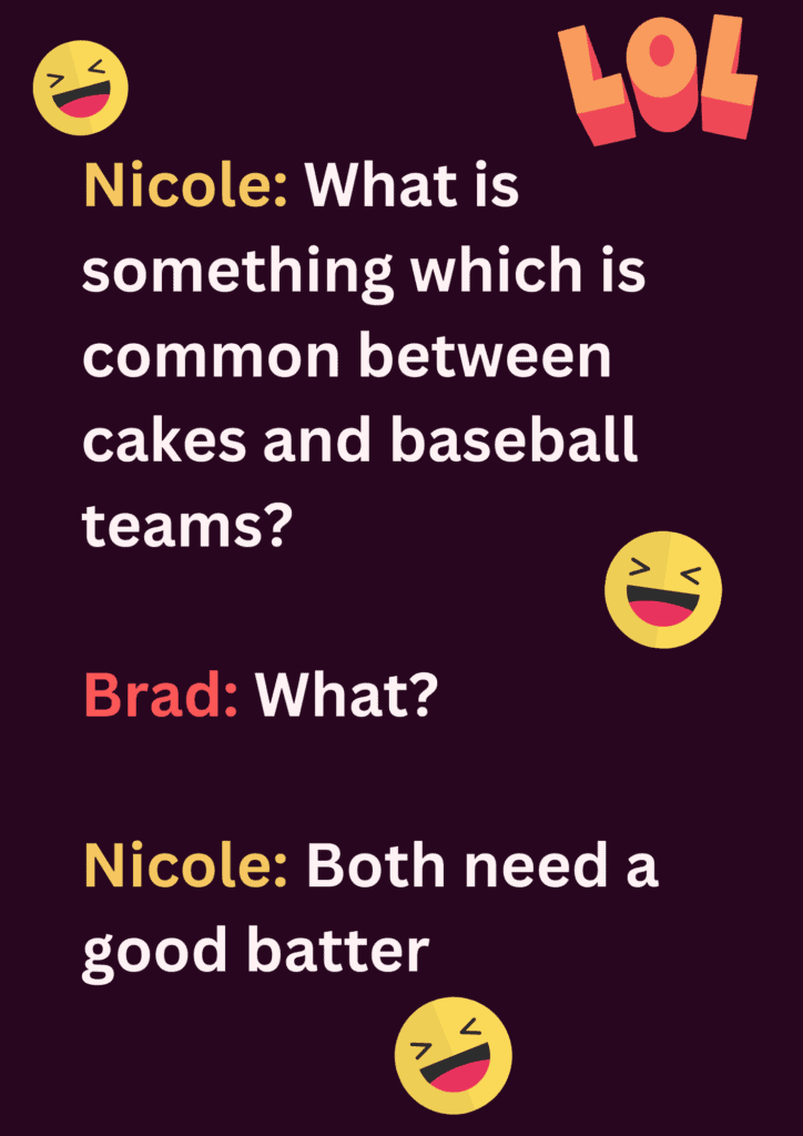 This joke is about the similarity between cakes and baseball teams on a deep purple background. The image consists of laughing face emoticon and LOL sticker. 