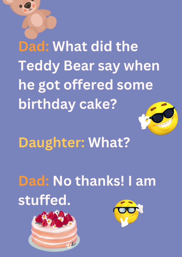 This is a joke between between a dad and his daughter about a teddy bear on a lavender background. The image consists of texts, teddy bear and laughing face emoticon. 