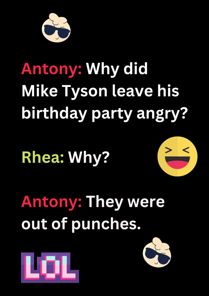 This is a joke between Antony and Rhea about Mike Tyson's birthday party on a black background. The image consists of text and laughing face emoticons. 