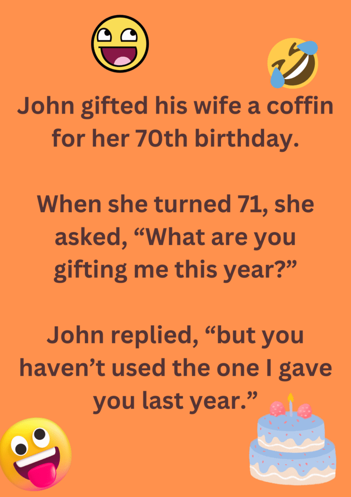This joke is about John's wife's 70th birthday and her birthday gift on a orange background. The image includes text and laughing face emoticons. 