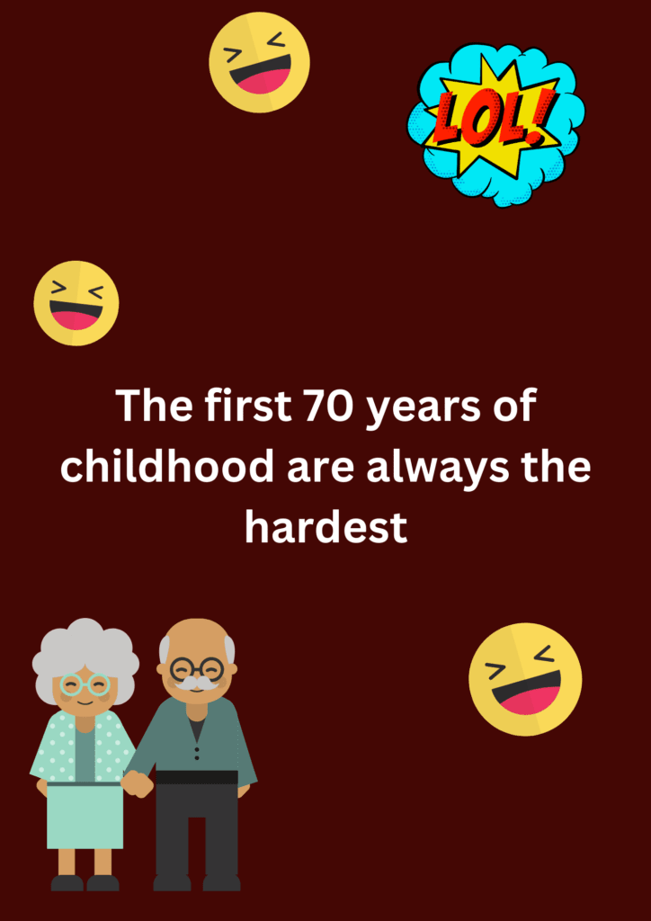 This joke is about 70 year olds and having hard days. The image consists of text, old couple and a laughing face emoticons. 