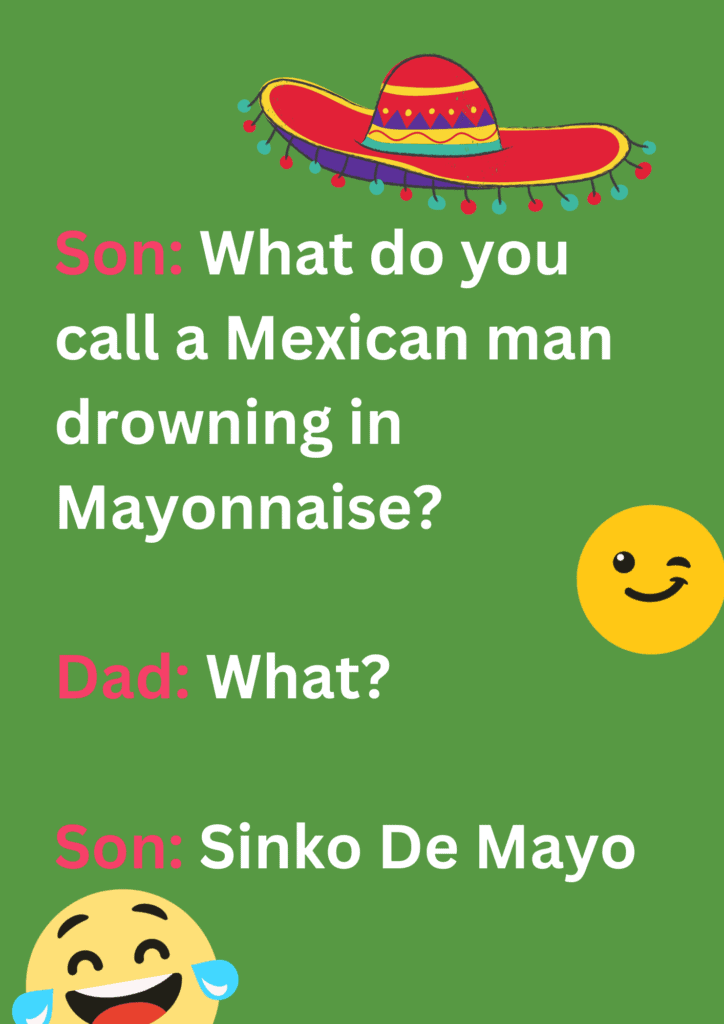 This is another pun on Mexican culture on a green background. The image consists of text, Mexican hat and laughing face emoticon. 