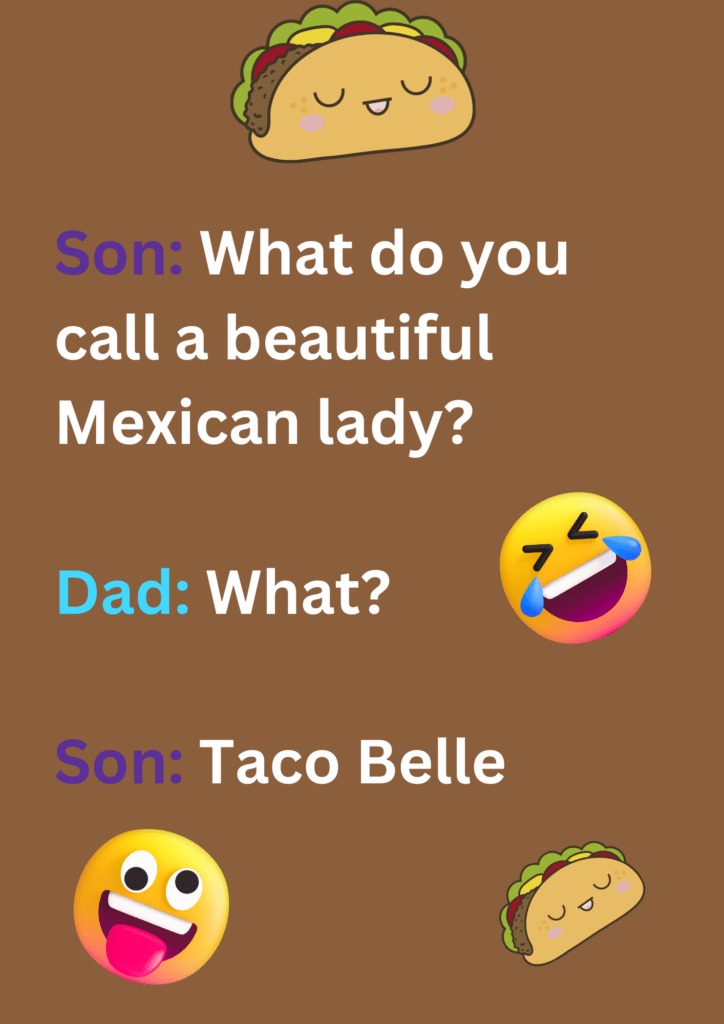 This is joke between a son and dad about famous Mexican food joint Taco Bell on  brown background. The image consists of text, taco and laughing face emoticons. 