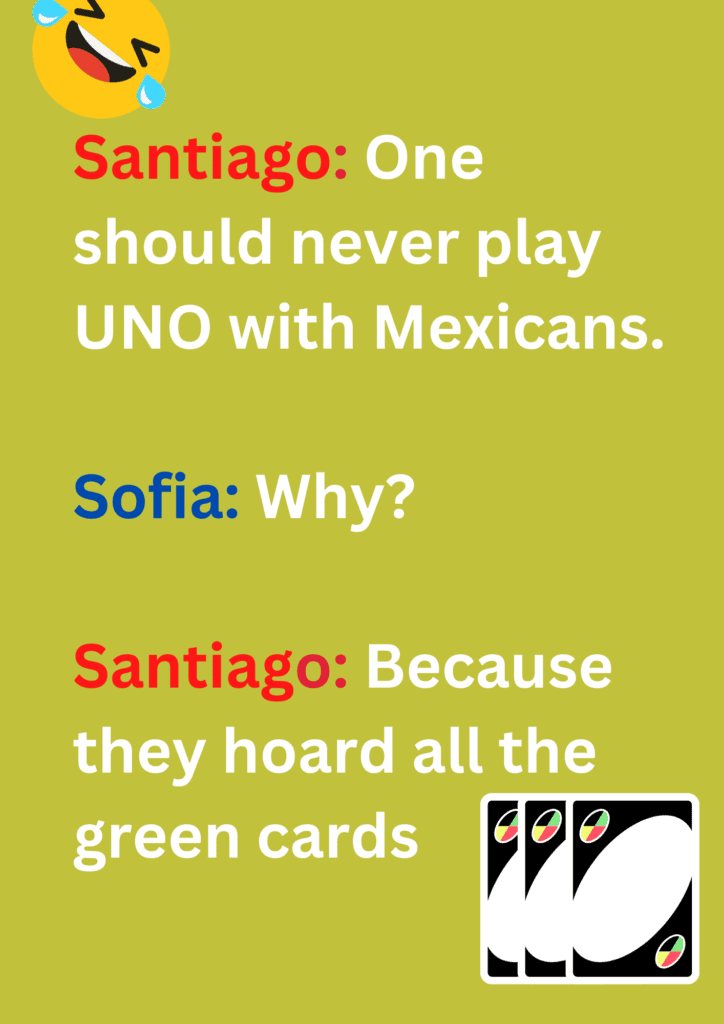 This is joke between two friends, Santiago and Sofia about the game of Uno cards over green background. Image consists of text and and laughing emoticon. 