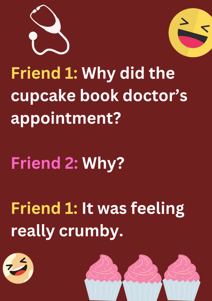 This is a funny joke between two friends about cupcake's appointment with doctor on a maroon background. The image consists of text and laughing emoticons.  