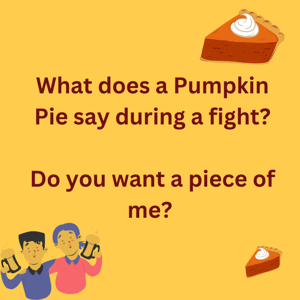 This is funny joke about pumpkin-pie and its fight on a yellow background. This image consists of friends' emoticons and pumpkin-pie.