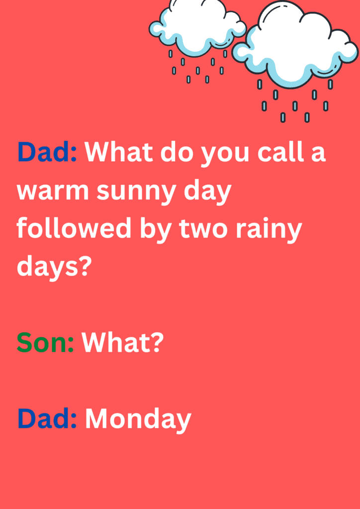 Funny joke about a warm day followed by sunny days, on a pink background. The image has text and emoticons. 