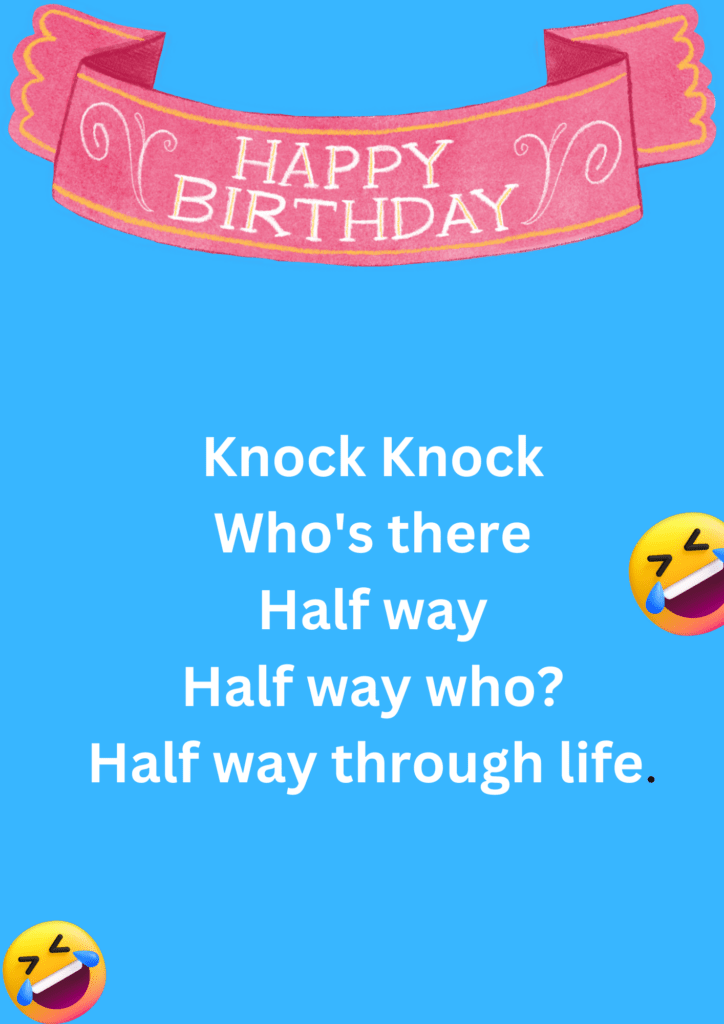 Funny knock knock joke about women turning 50, on a blue background. The image has text and emoticons. 