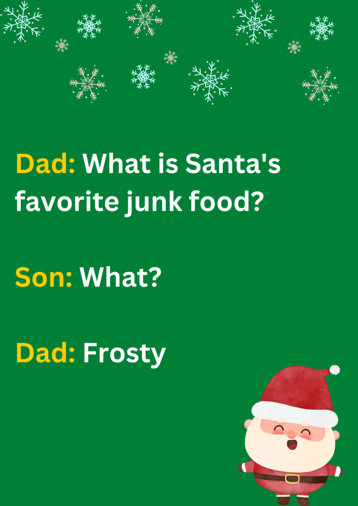 Dad joke about Santa's favorite junk food, on a green background. The image has text and emoticons. 