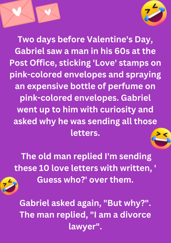 Funny joke about a divorce lawyer sending out love letters for Valentine's Day, on pink background. The image has text and emoticons. 