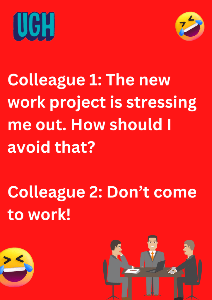Funny joke between colleagues about new work project, on a red background.  The image has text and emoticons. 