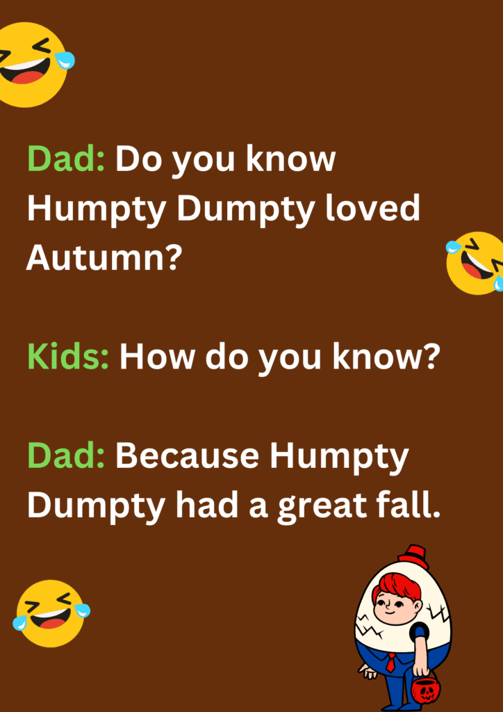 Funny dad joke about Humpty Dumpty's fall, on brown background. The image has text and emoticons.