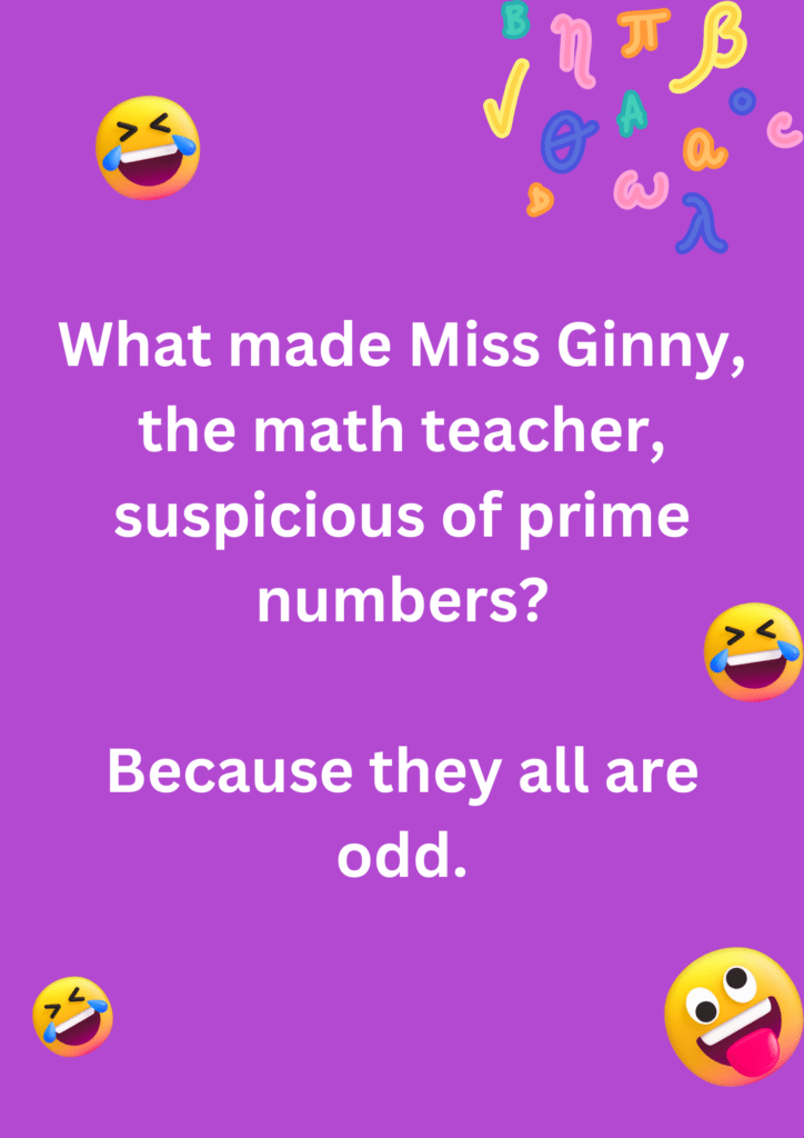 Funny math about teacher being suspicious of prime numbers, on a pink background. The image has text and emoticons. 