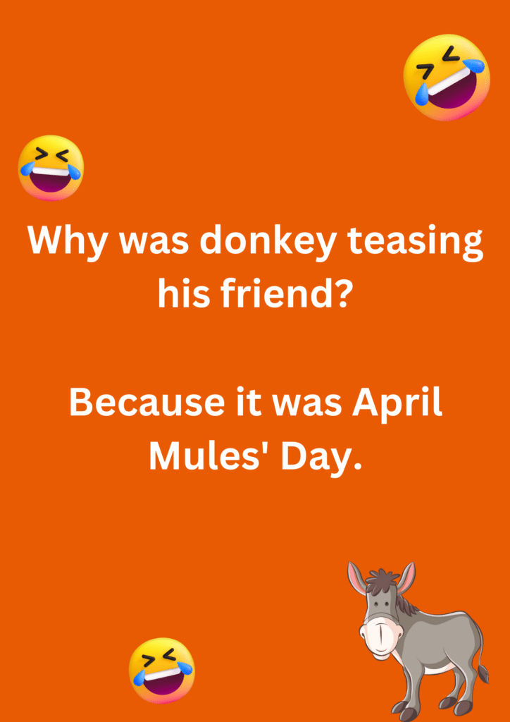 Funny joke about a donkey teasing his friends, on an orange background. 