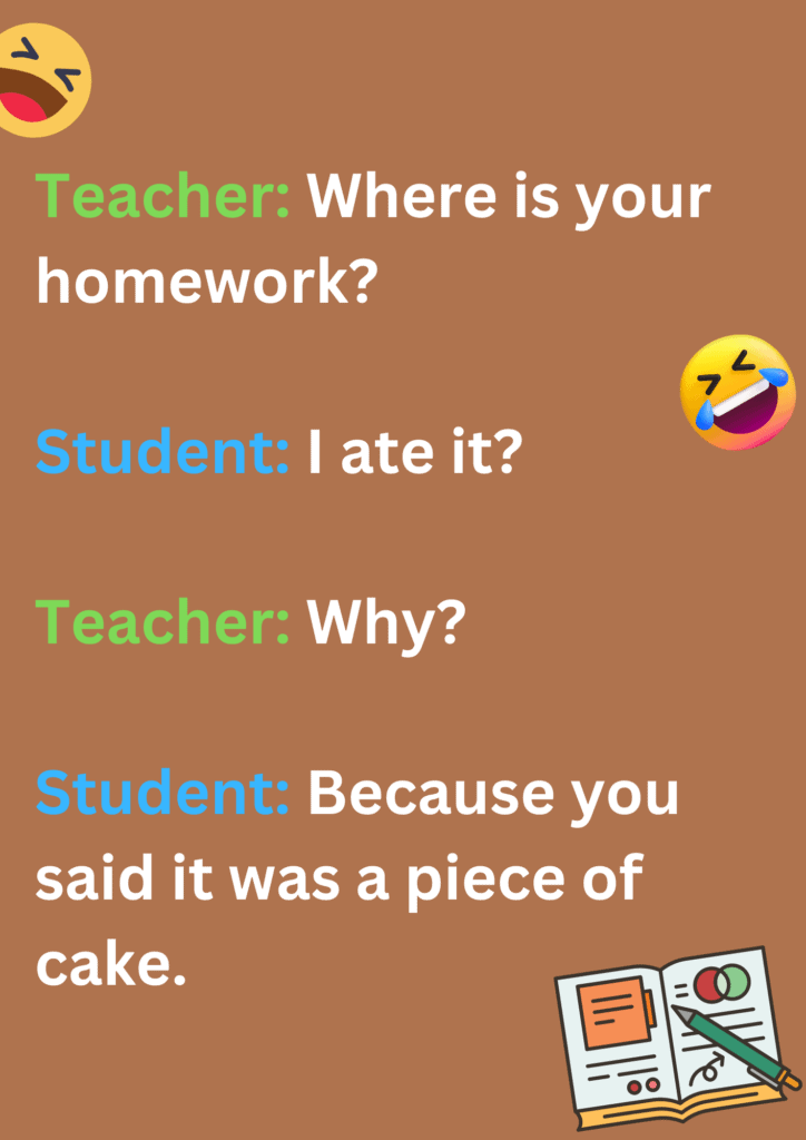 Funny joke about a student who ate his holiday homework, on a peach background. The image has text and emoticons.