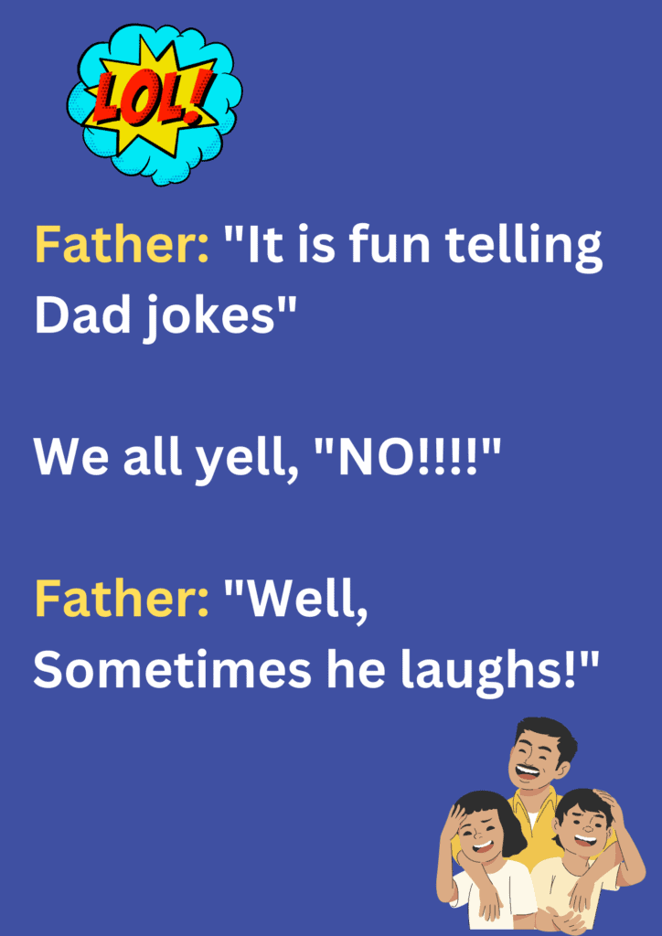 Funny joke about telling dad jokes to dad, on a purple background. The image has text and emoticons.