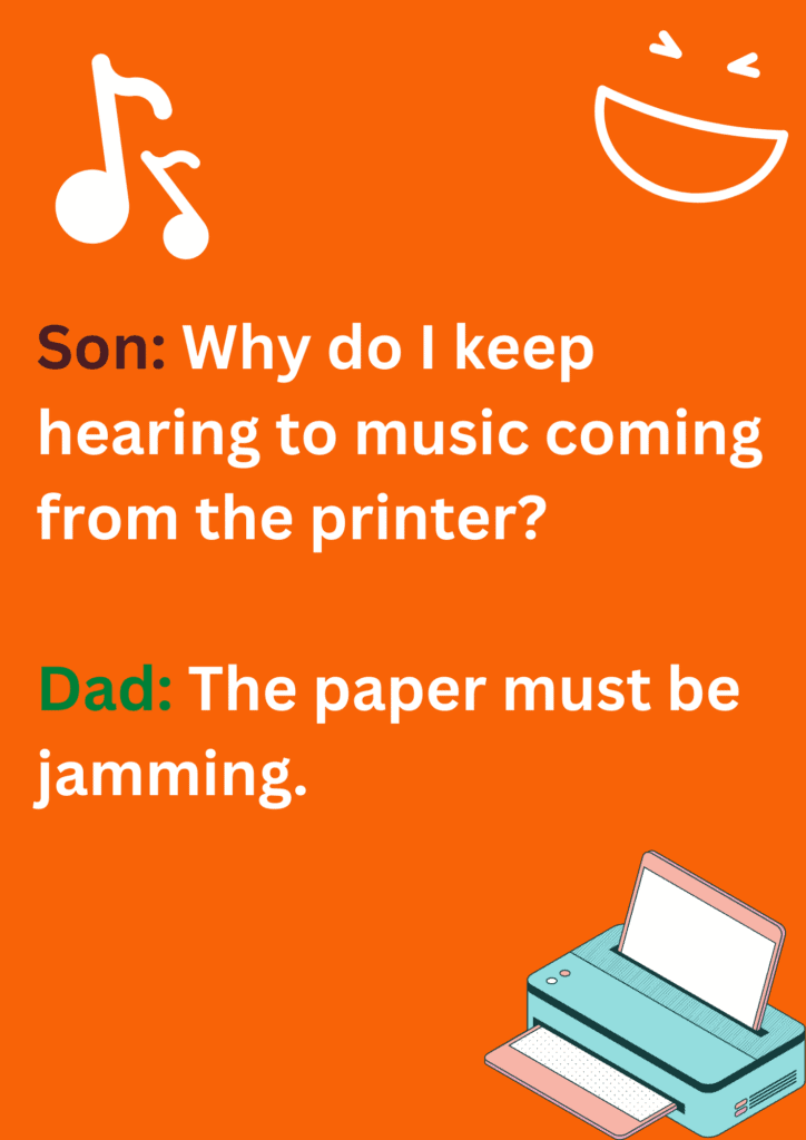Joke between son and dad about printer and music coming out from it, on a purple background. The image has text and emoticons. 