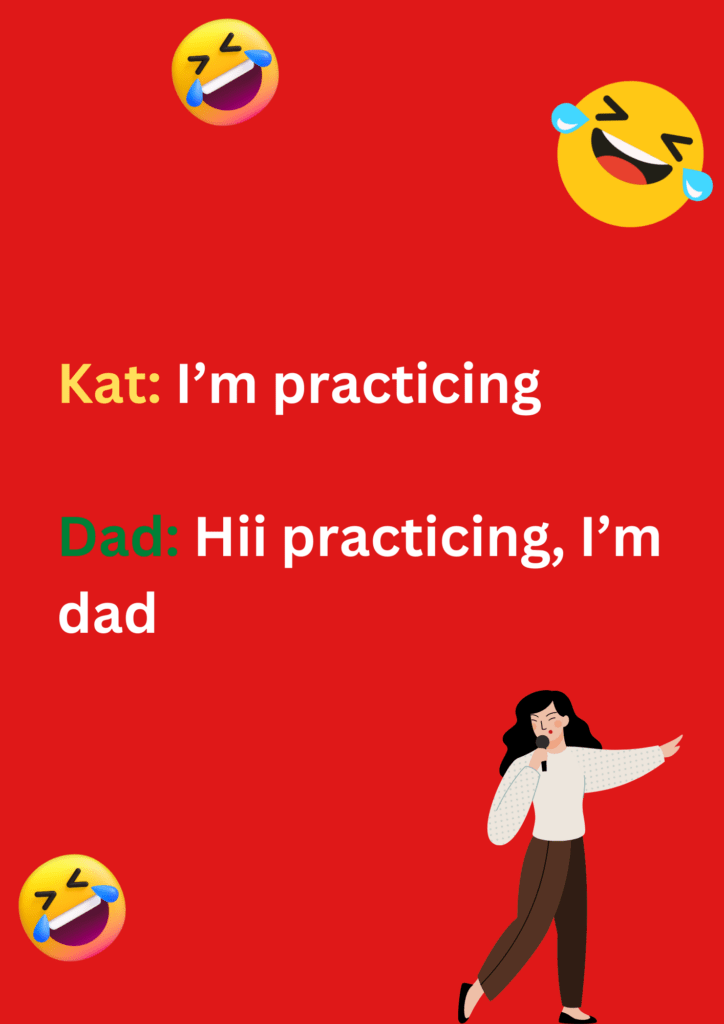 A funny interaction between Kat and her dad, on a red background. The image has text and background. 